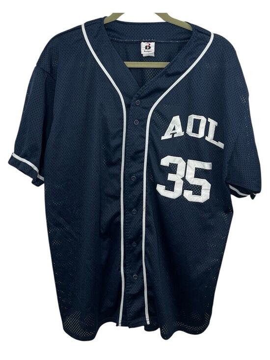Vtg America Online AOL Shirt Jersey Mesh XL Blue Softball Logo Y2K Running Man